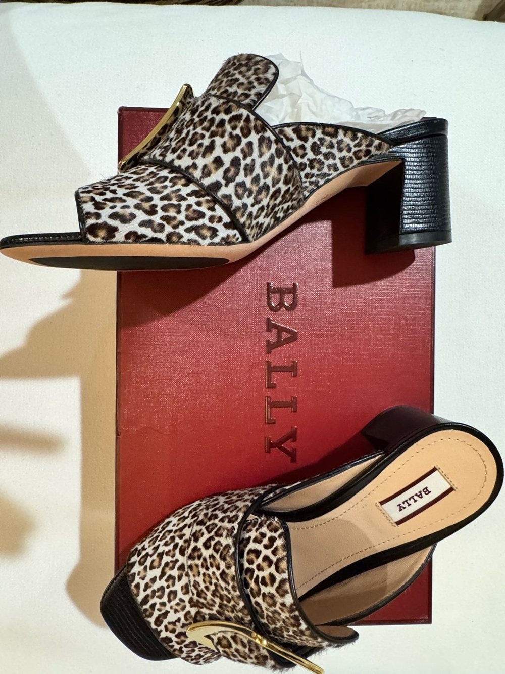 Bally Leopard Print Slip-On calf Hair Mules with Gold Buckle